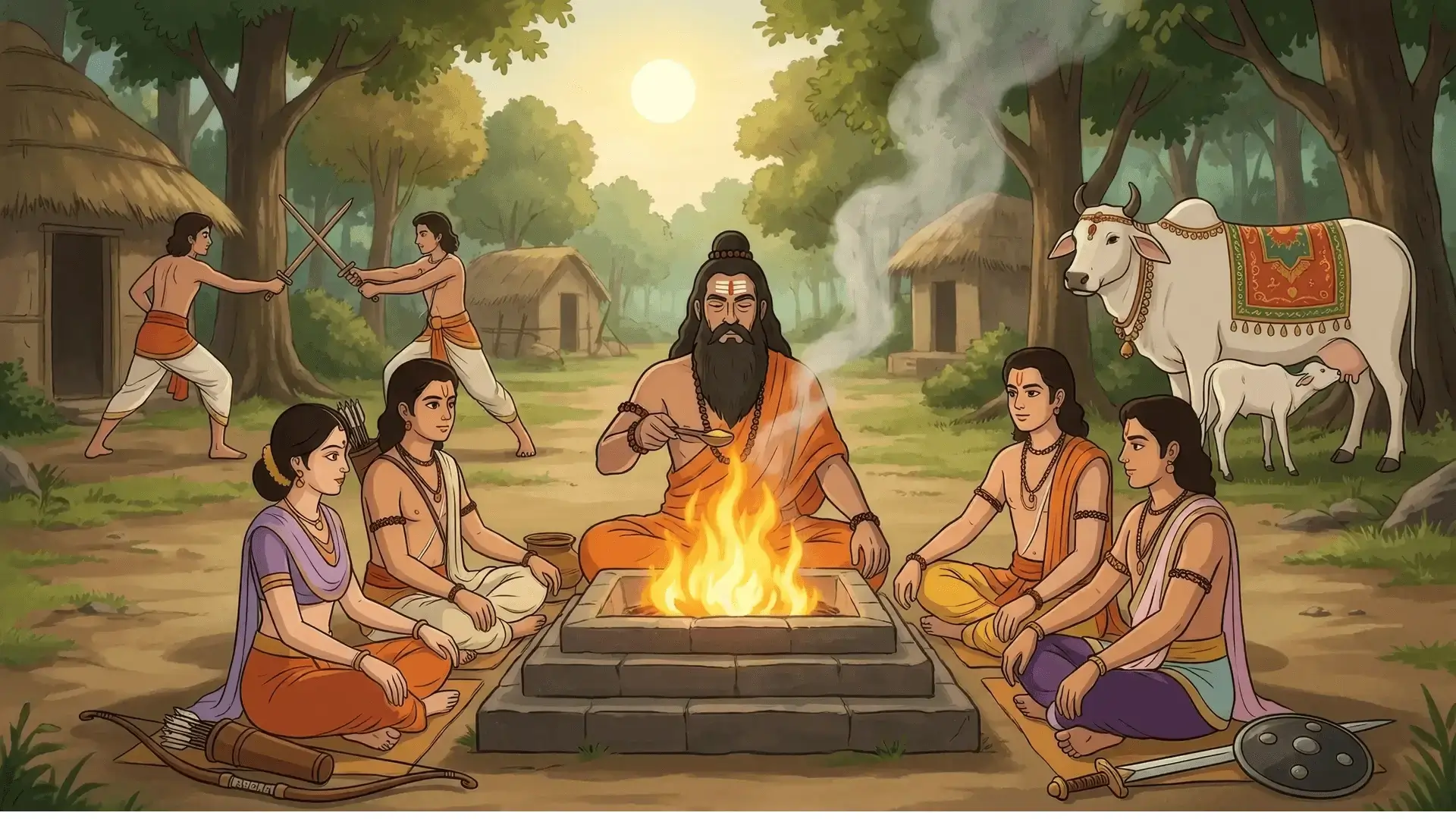 Ancient Gurukul: guru performing yajna with students in a forest clearing