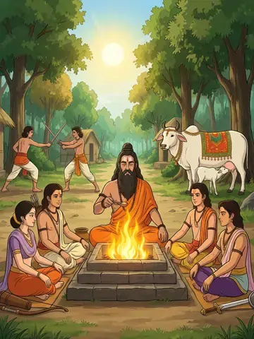 Ancient Gurukul scene with guru and students around sacred fire